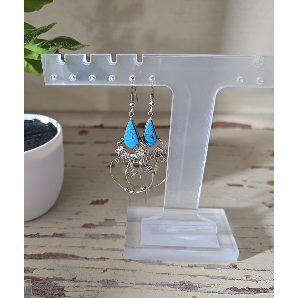 Silver Tone Teardrop Stone Boho Aztec Fashion‎ Jewelry Pierced Dangle Earrings